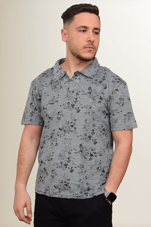 Polo Imprimé à Fleurs Noires – Gris