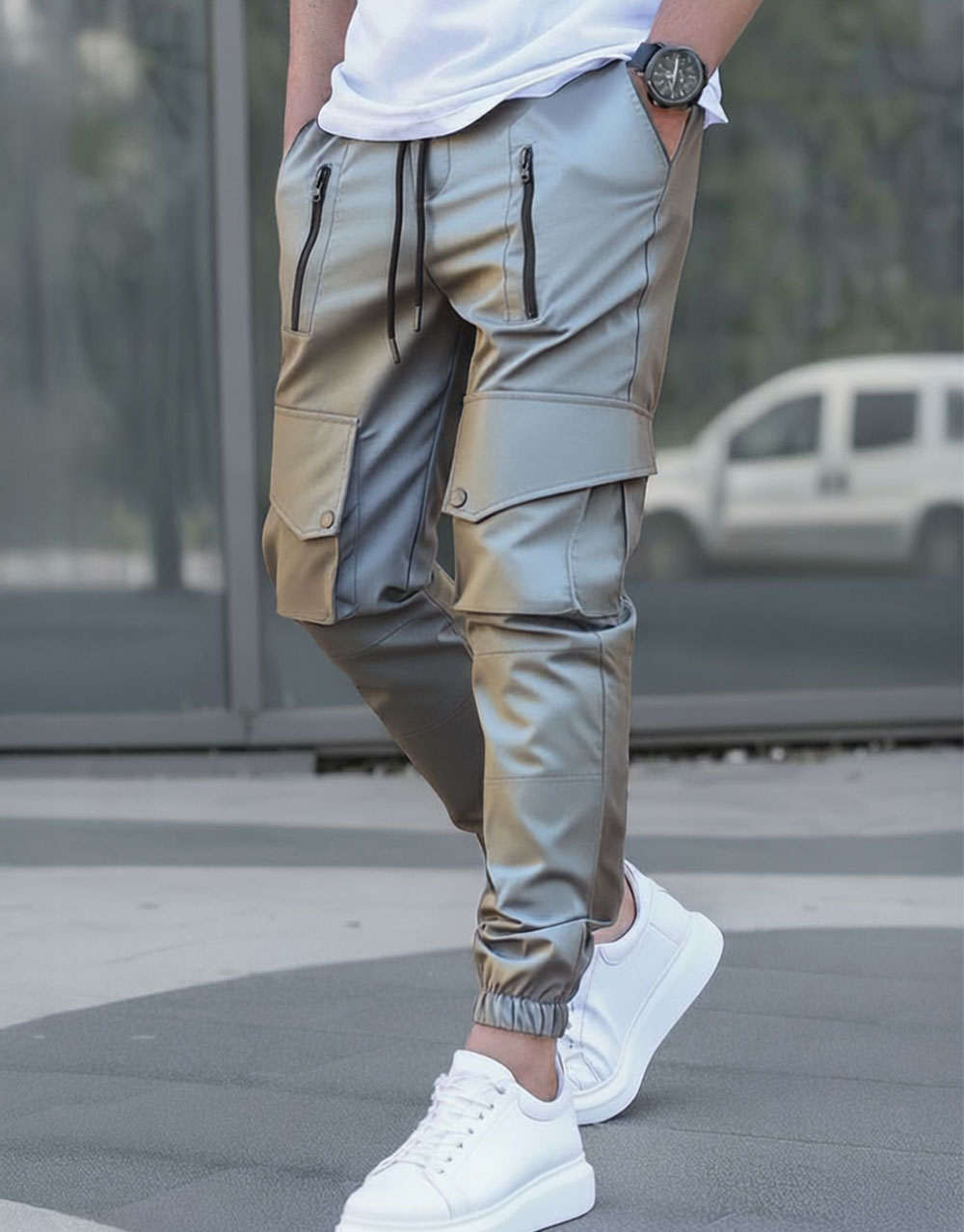 Pantalon Cargo Tissu Spandex - Gris