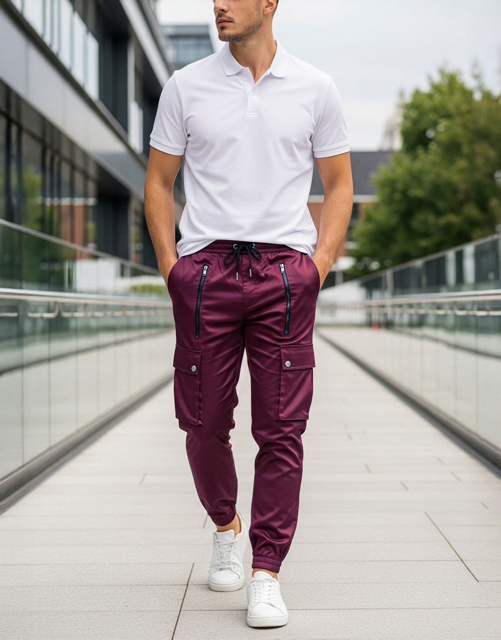 Ensemble Polo + Cargo – Blanc / Burgundy
