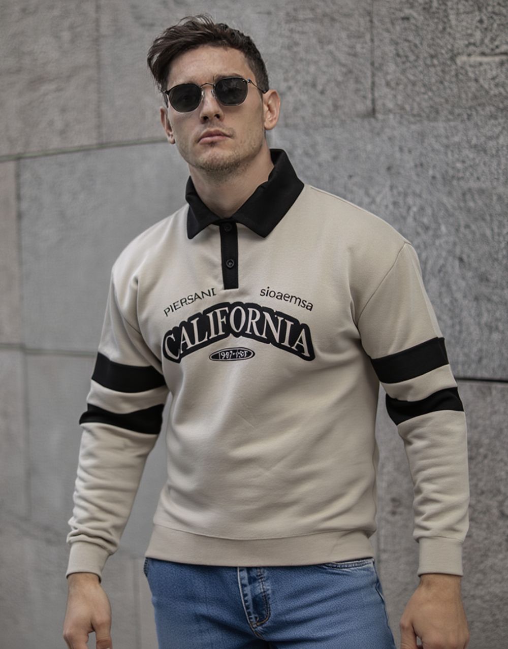 Sweatshirt Col Polo California - Beige
