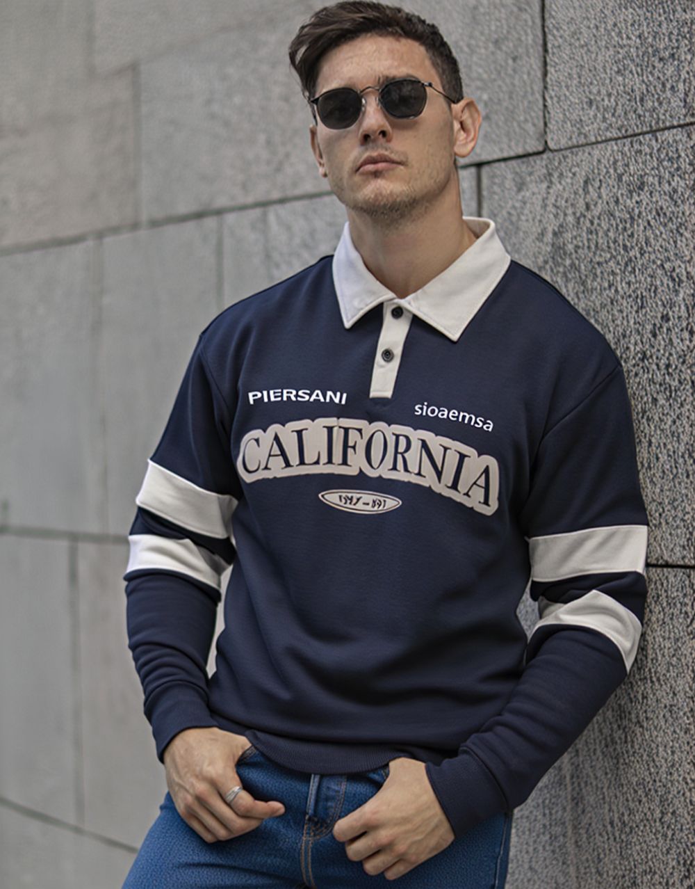 Sweatshirt Col Polo California - Bleu Marine