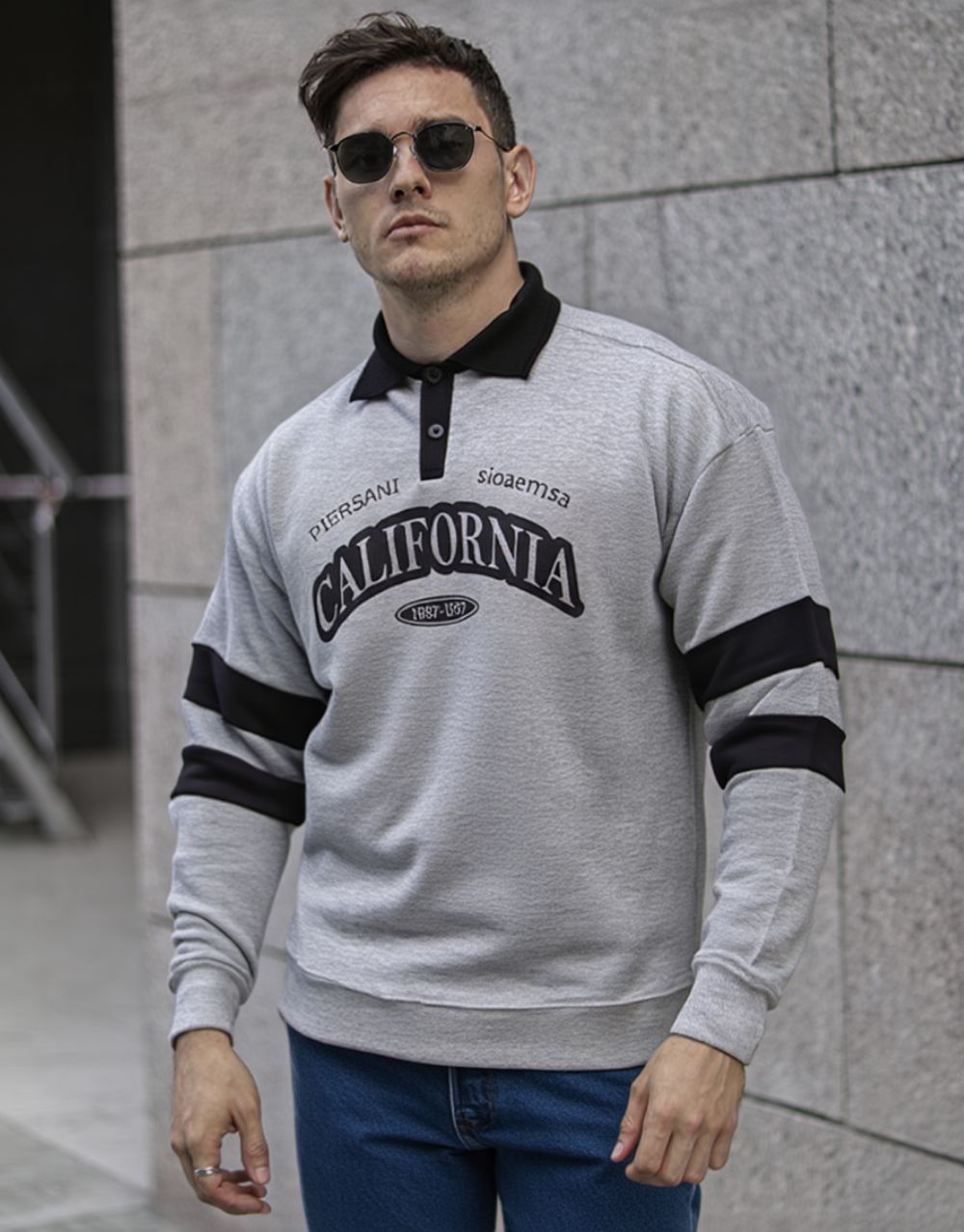 Sweatshirt Col Polo California - Gris Claire