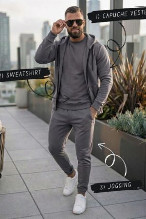 Pack Trio Sportswear 3 Pièces : Capuche Style Veste + Sweat + Jogging – Gris Foncé