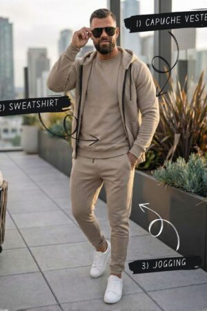 Pack Trio Sportswear 3 Pièces : Capuche Style Veste + Sweat + Jogging – Beige