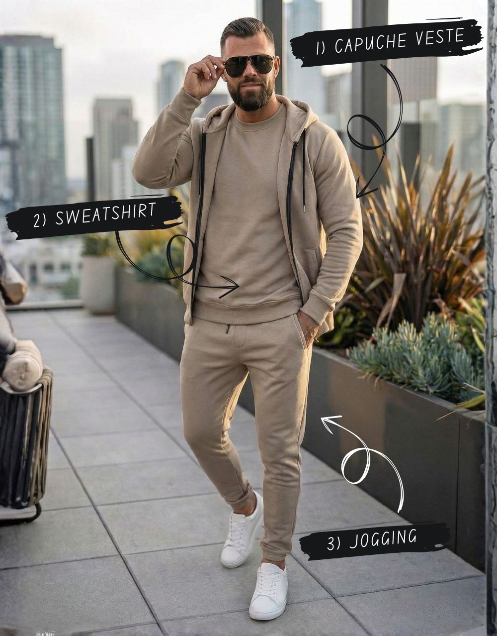 Pack Trio Sportswear 3 Pièces : Capuche Style Veste + Sweat + Jogging – Beige