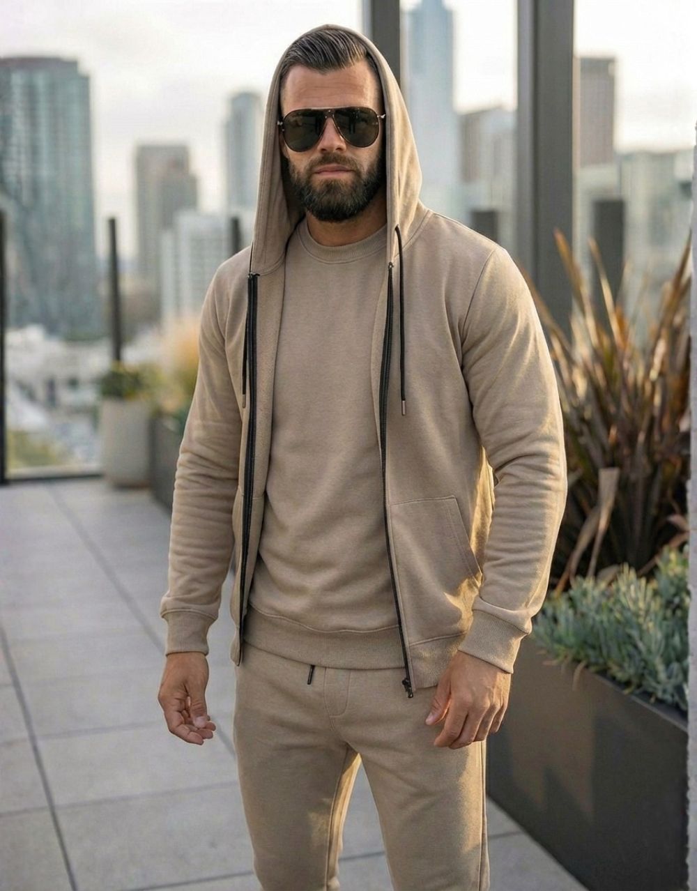 Pack Trio Sportswear 3 Pièces : Capuche Style Veste + Sweat + Jogging – Beige – Image 2