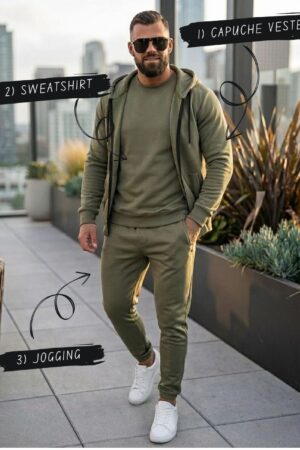 Pack Trio Sportswear 3 Pièces : Capuche Style Veste + Sweat + Jogging – Vert Militaire