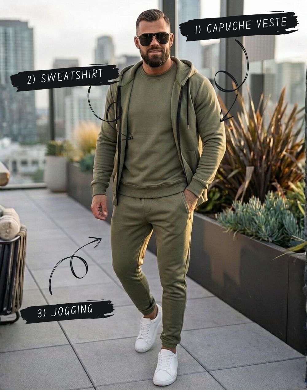 Pack Trio Sportswear 3 Pièces : Capuche Style Veste + Sweat + Jogging – Vert Militaire