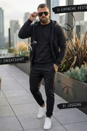 Pack Trio Sportswear 3 Pièces : Capuche Style Veste + Sweat + Jogging – Noir
