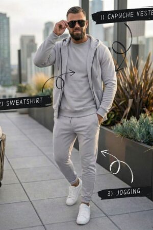 Pack Trio Sportswear 3 Pièces : Capuche Style Veste + Sweat + Jogging – Gris Claire