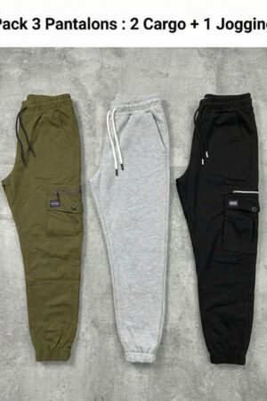 Pack 3 pantalons : 2 Cargos & 1 Jogging - Vert Militaire/Gris/Noir REF0157