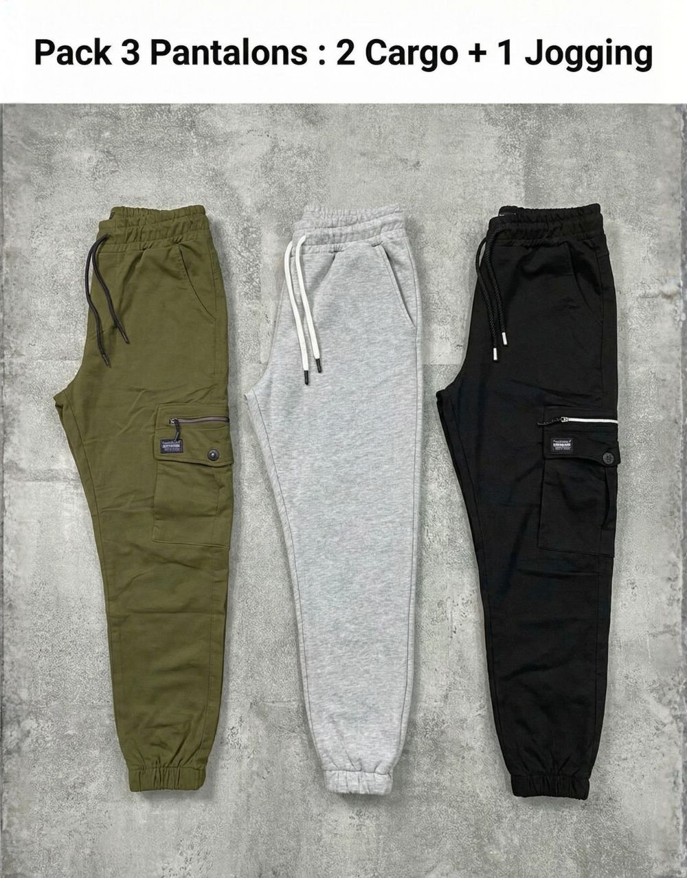 Pack 3 pantalons : 2 Cargos & 1 Jogging - Vert Militaire/Gris/Noir REF0157