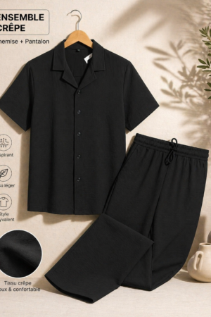 Ensemble Crêpe – Style Élégant (Chemise + Pantalon) Noir