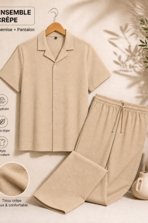 Ensemble Crêpe – Style Élégant (Chemise + Pantalon) Beige