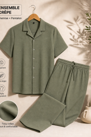 Ensemble Crêpe – Style Élégant (Chemise + Pantalon) Vert Militaire